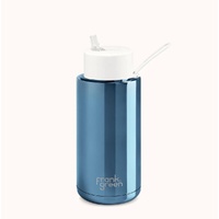 Frank Green Reusable Bottle - Ceramic 1L Chrome Blue With Cloud Straw Lid