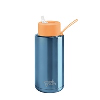Frank Green Reusable Bottle - Ceramic 1L Chrome Blue With Neon Orange Straw Lid