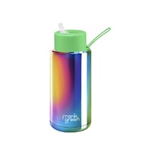 Frank Green Reusable Bottle - Ceramic 1L Chrome Rainbow With Neon Green Straw Lid
