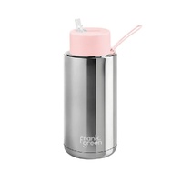 Frank Green Reusable Bottle - Ceramic 1L Chrome Silver With Blushed Straw Lid