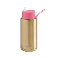 Frank Green Reusable Bottle - Ceramic 1L Chrome Gold With Neon Pink Straw Lid